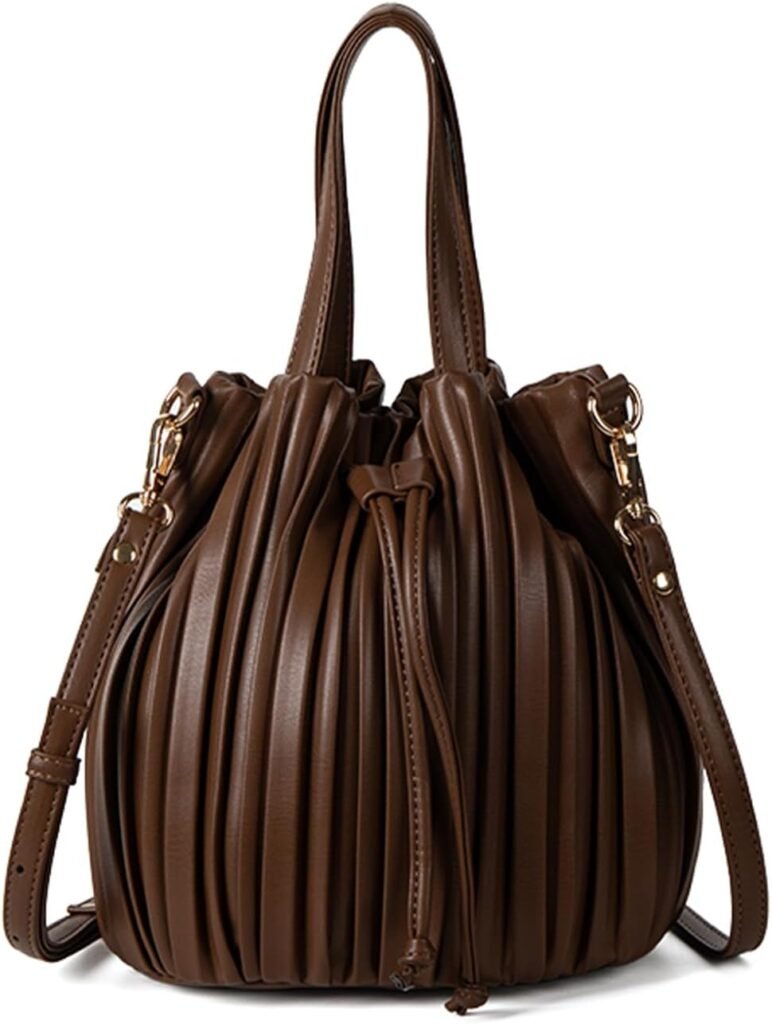 
									Bucket Bags for Women, Mini Leather Drawstring Crossbody Bucket  Pleated Shoulder Handbags