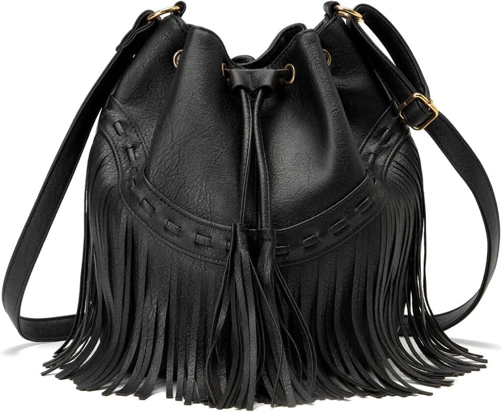 
									Leather Bucket Bags for Women Crossbody Fringe  with Drawstring Ladies Tassel  and Shoulder Handbags