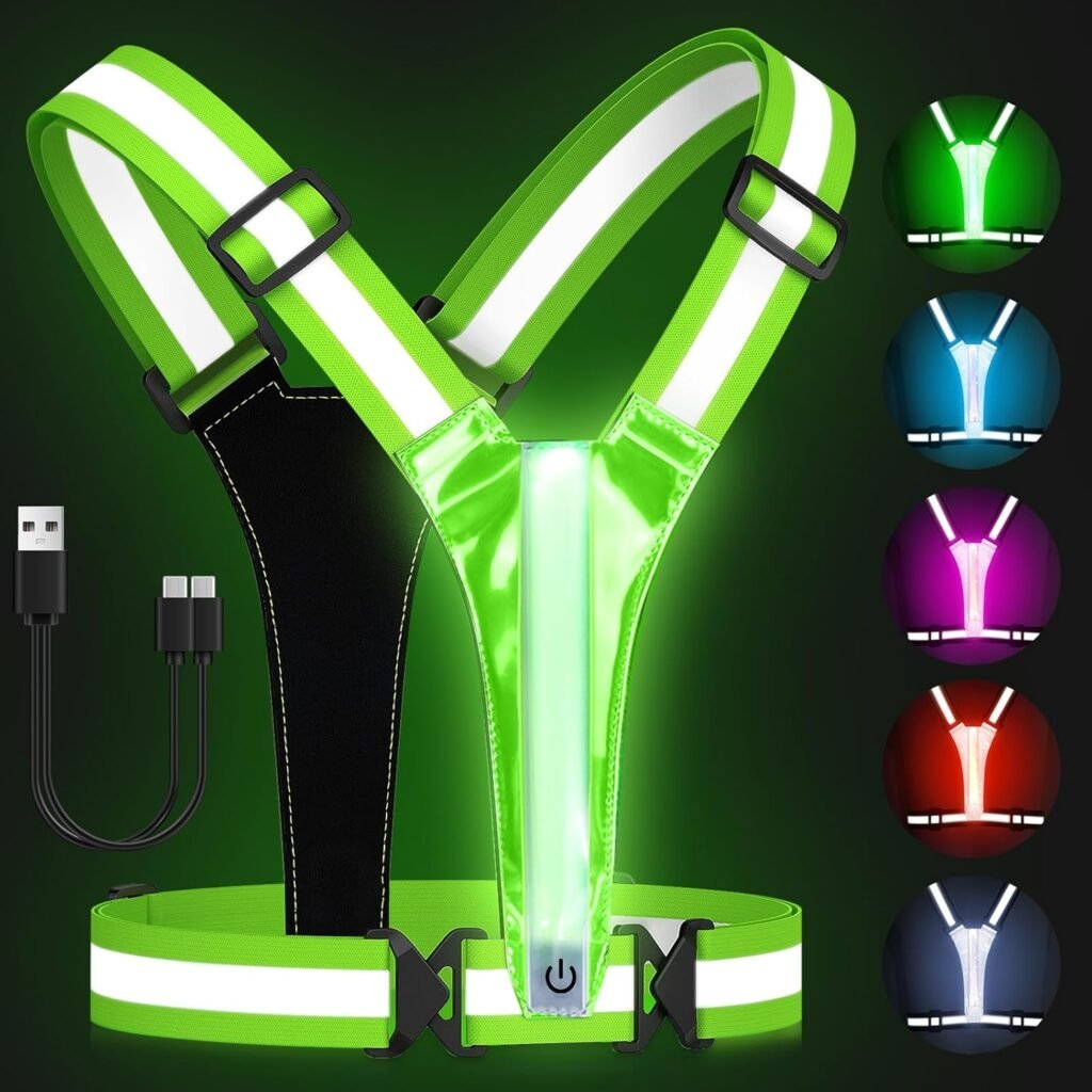 
									Reflective Vest Running Gear, 5 Lights Colors High Visibility Reflective Running Gear Rechargeable Light Up Running Vest for Walking Running Cycling, Adjustable for Men Women Kids